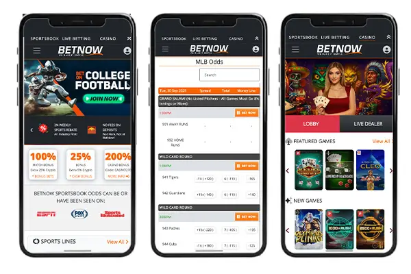 Three smartphones display the BetNow online betting platform, showing a sports betting homepage, MLB odds, and a casino page with live dealer and featured games options.