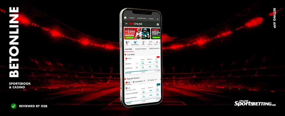BetOnline-sportsbook-mobile-interface-on-a-phone-against-a-red-stadium-background-—-trusted-online-betting-site-for-US-bettors.