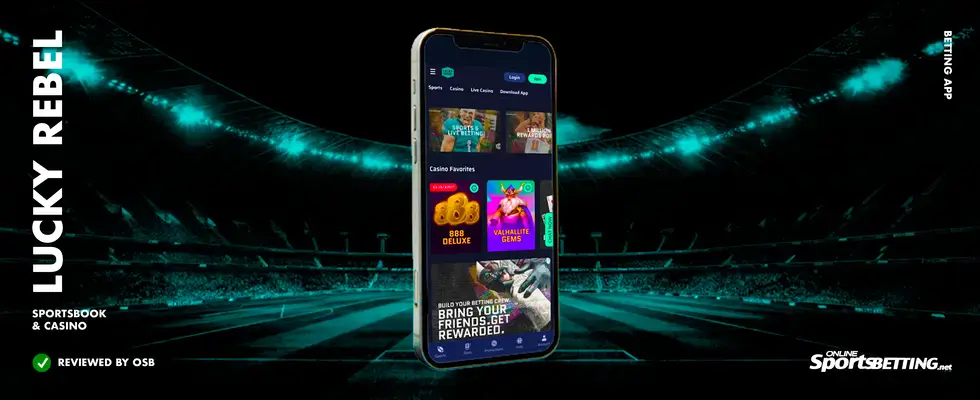 Lucky-Rebel-sportsbook-mobile-interface-on-a-phone-with-a-teal-stadium-backdrop-—-offshore-betting-option-for-US-users