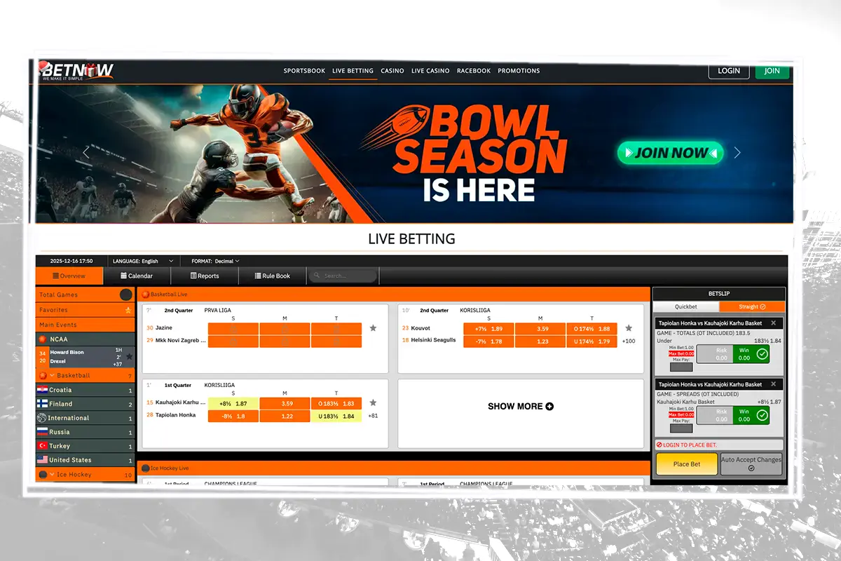 BetNow live betting interface showing real time odds