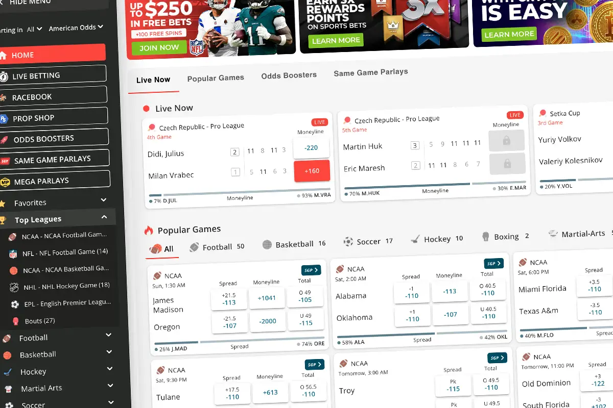 Betonline interface showing real odds and real time sports betting