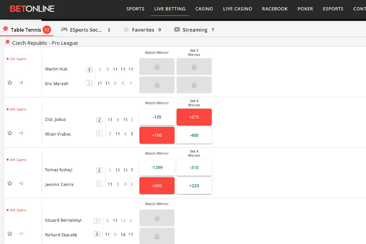 Betonline live betting interface showing live odds and sports events