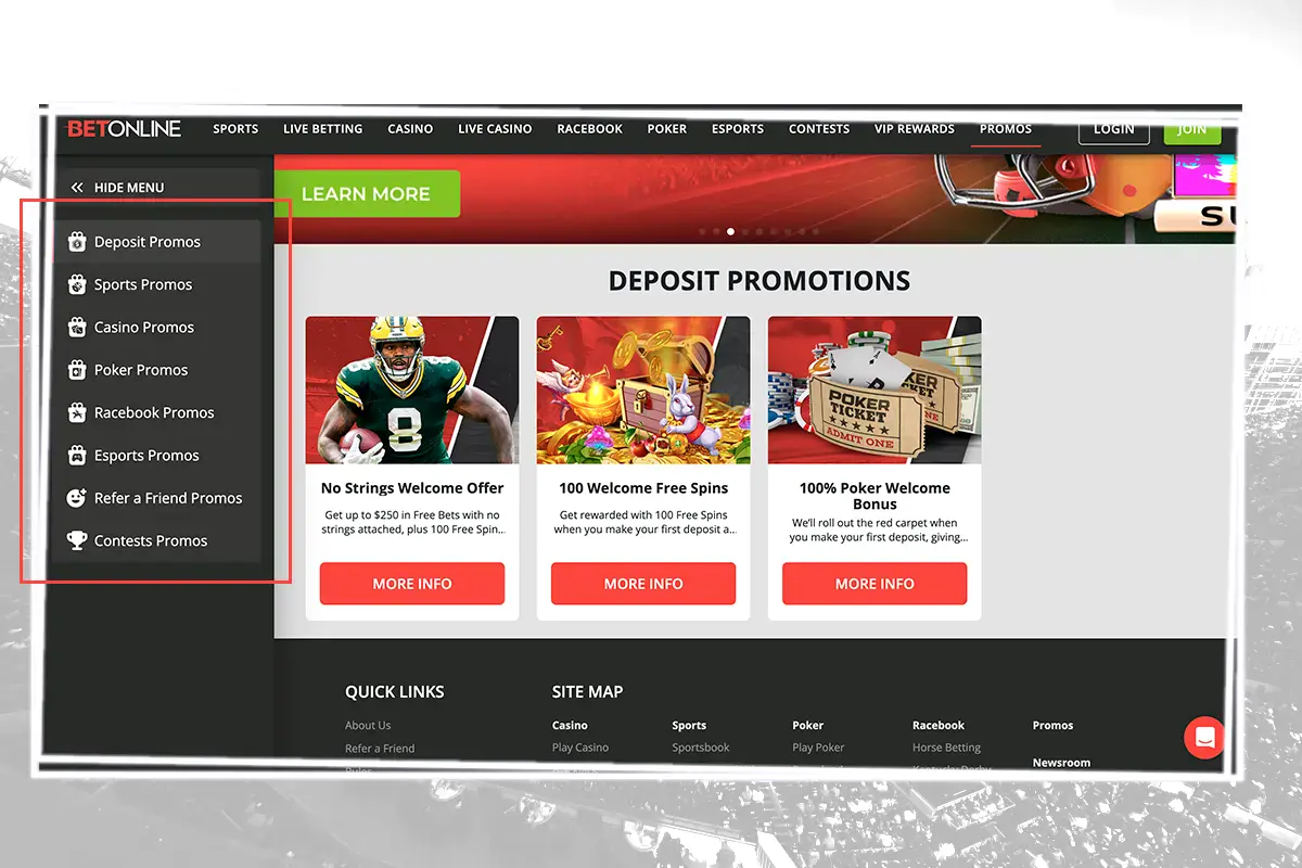 Betonline all the promotions available section