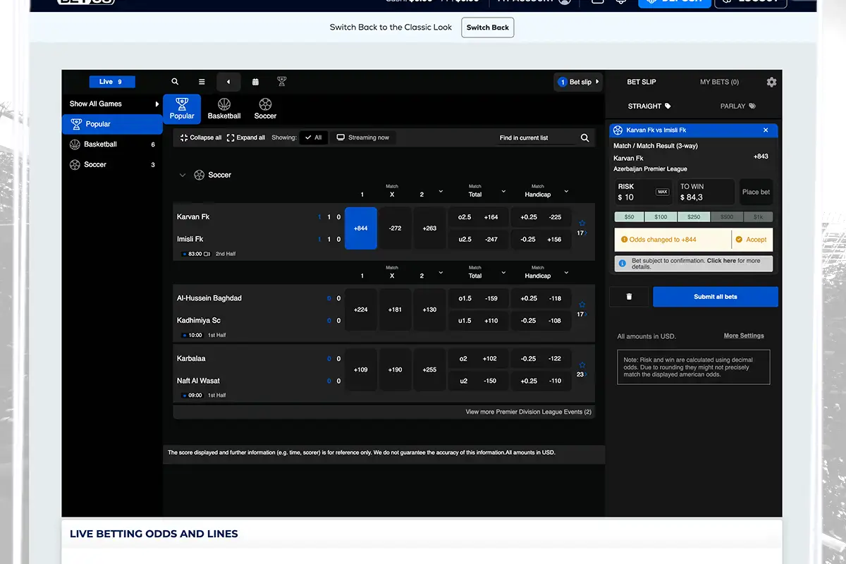 Bet Us live betting interface