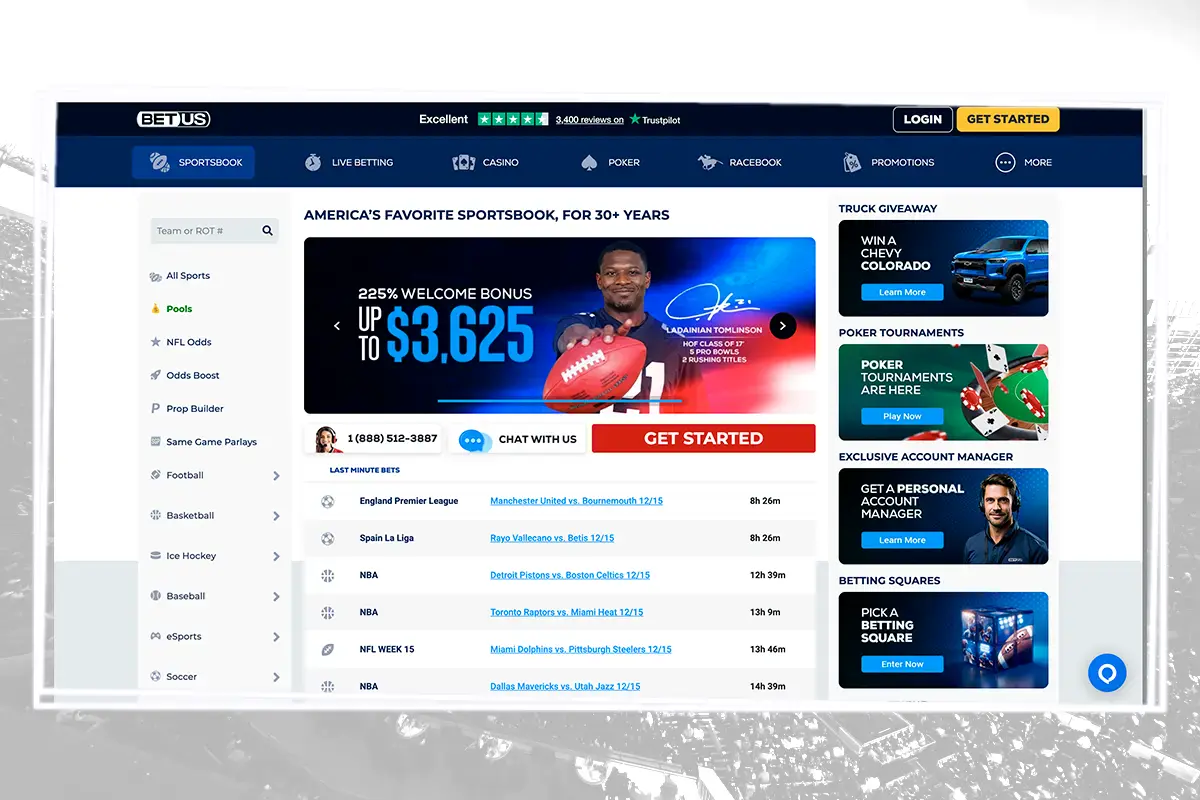 BetUs desktop homepage with navigation menu 