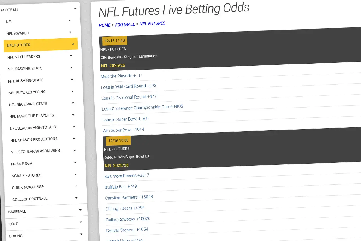 Bookmaker showing NFL odds in real time