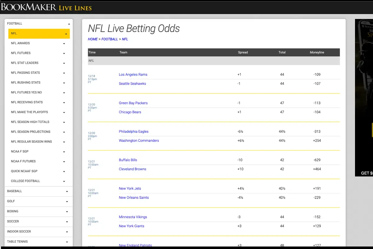 Bookmaker live betting interface