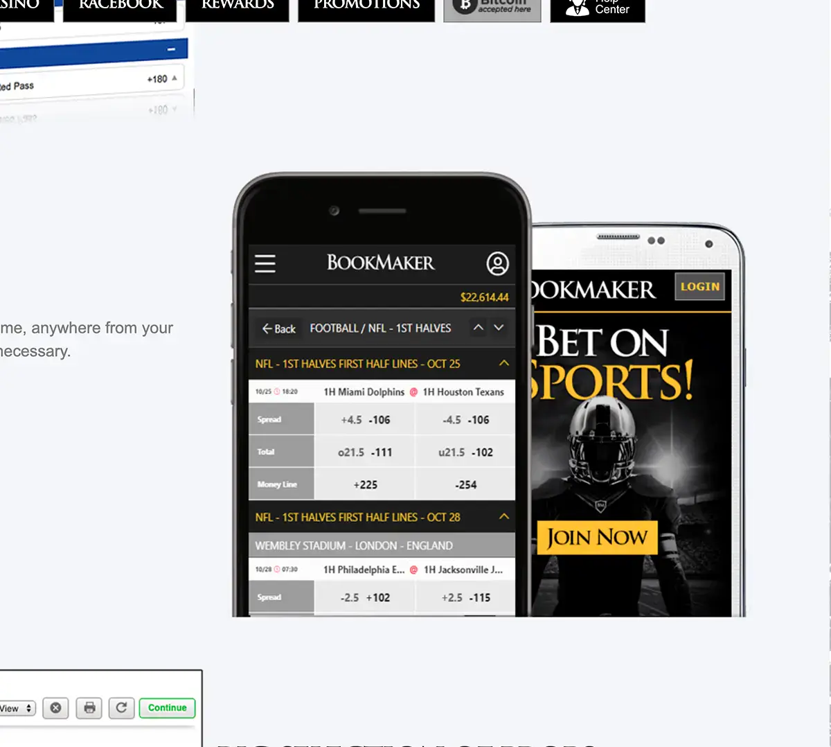 Bookmakers sportsbook in mobile version interface