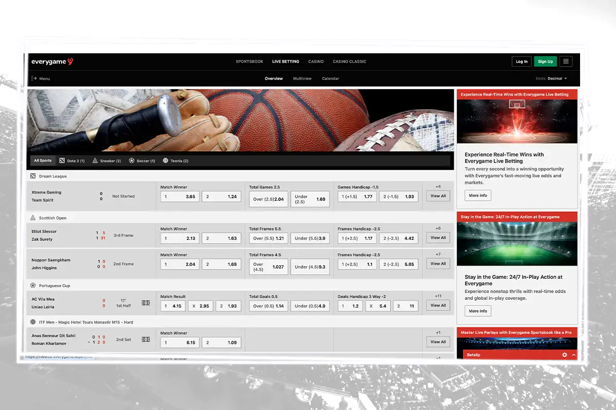 Everygame real time betting interface