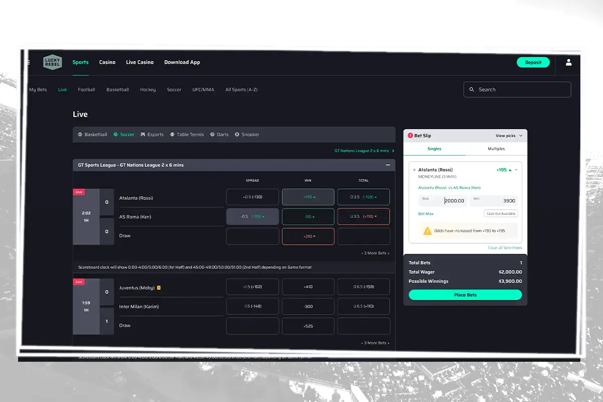 Lucky Revel live betting layout