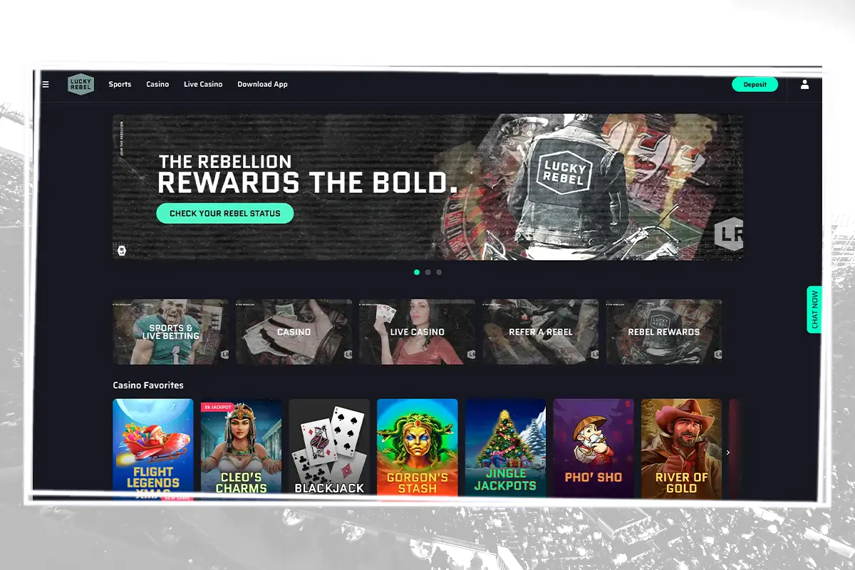Lucky Rebel desktop homepage with navigation menu and sportsbook promotions