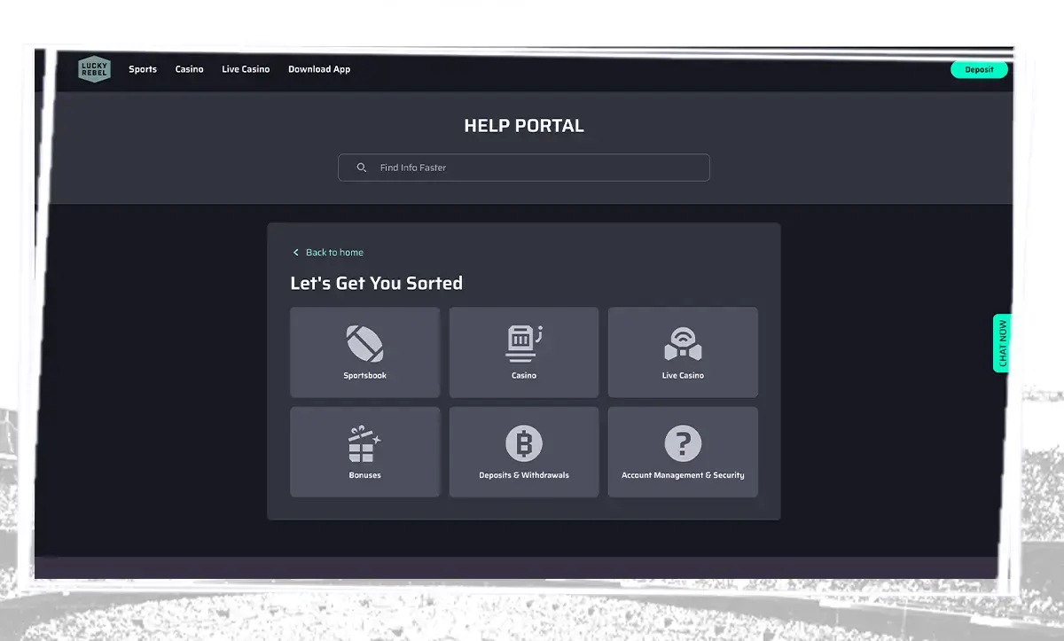 Lucky Rebel help center interface