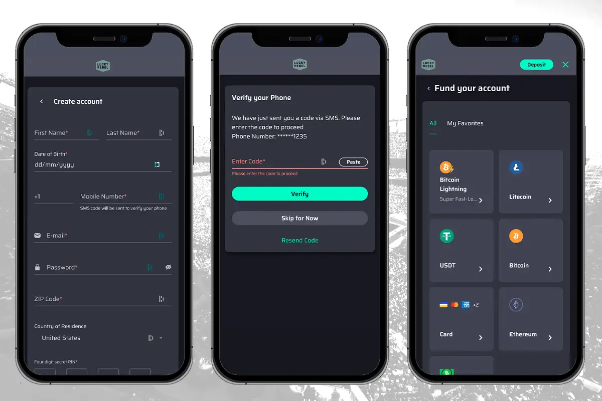 Lucky Rebel mobile-homepage and sign-up screen process