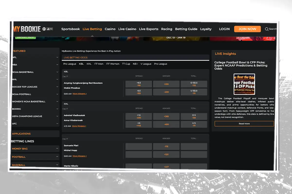 MyBookie real time betting showing odds
