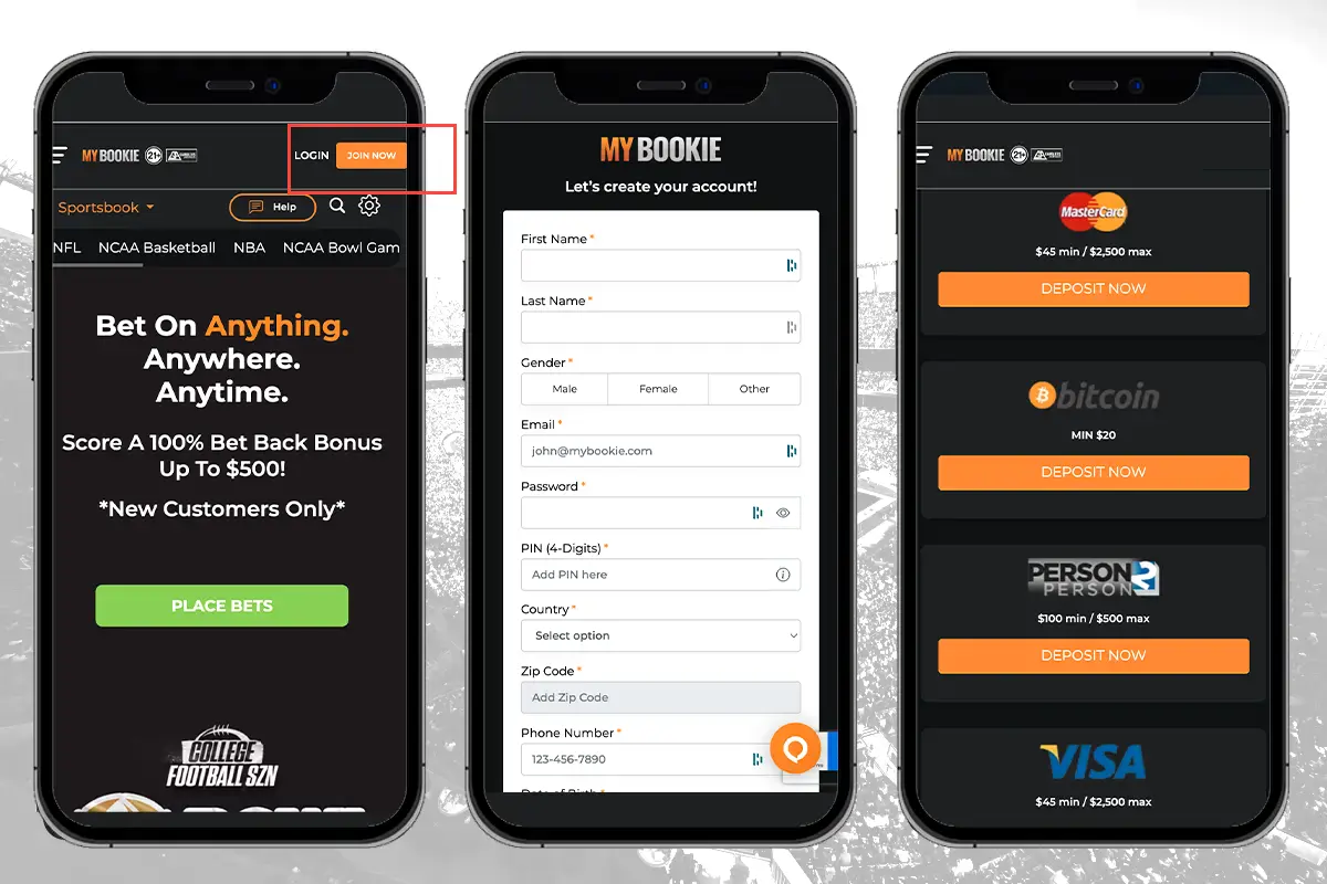 Mybookie mobile Sign-Up process in 3 steps