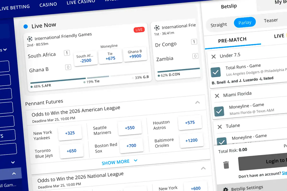 Sportsbetting.Ag interface showing real odds in sports betting