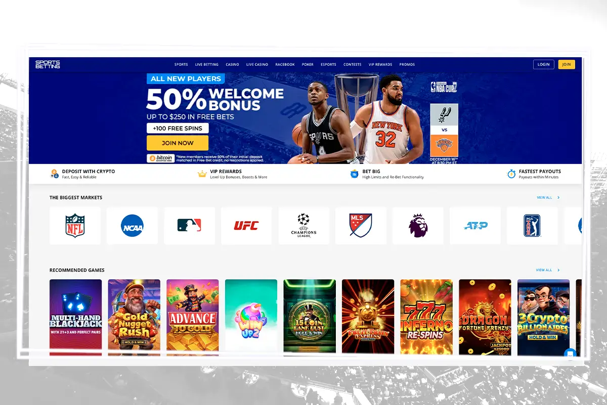 Sportsbetting.Ag homepage layout