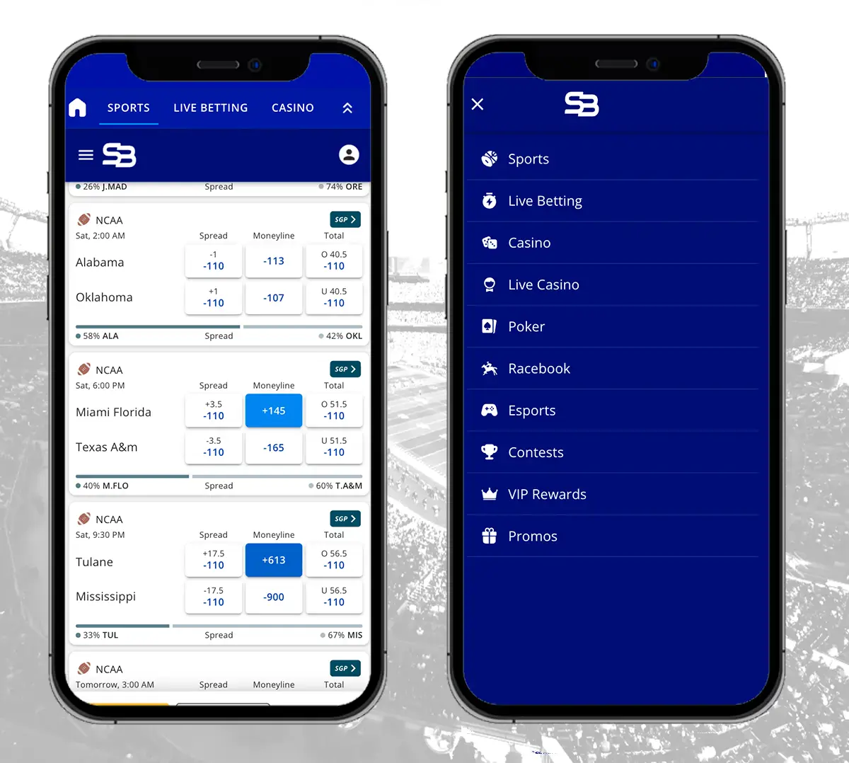 Sportsbetting.Ag mobile interface and menu section
