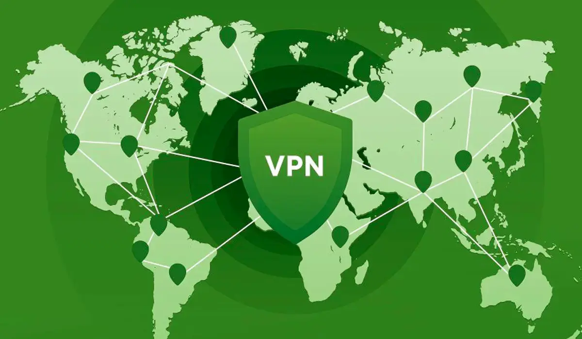 A-green-world-map-with-a-large-shield-labeled-_VPN_-at-the-center.-Network-lines-and-location-markers-connect-various-global-points-illustrating-secure-connections_